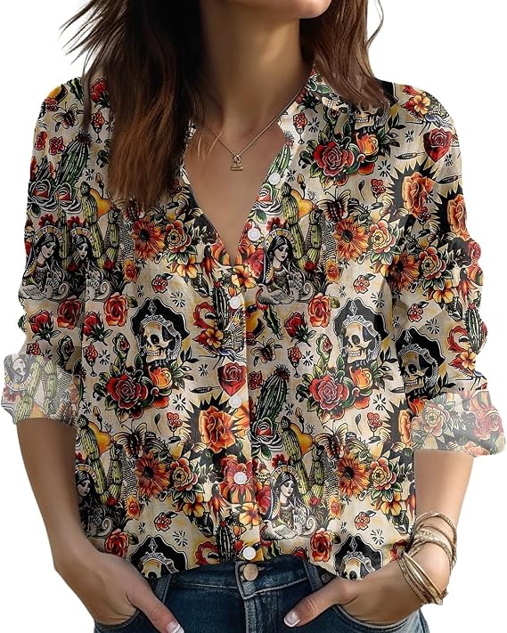 Day of the Dead Blouse for Women, Sugar Skull Dia de Los Muertos Shirt - sugar skull boots
