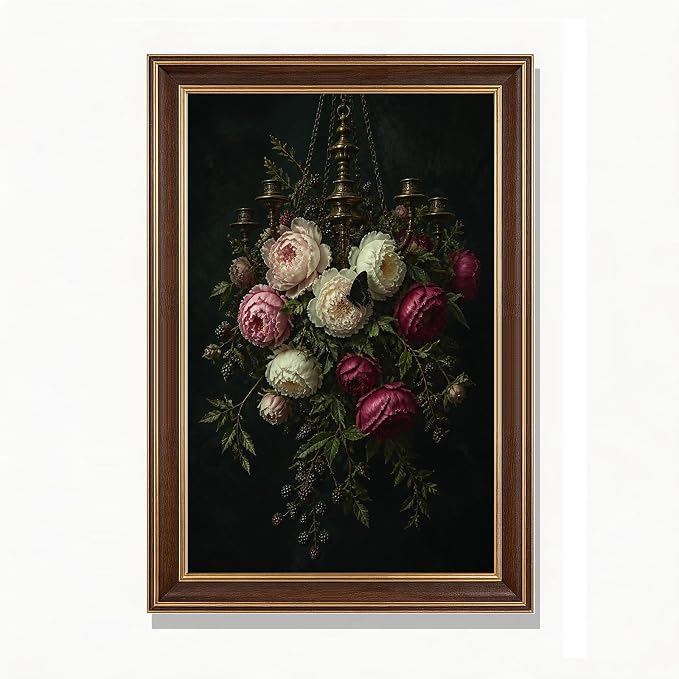 Black Floral Chandelier Still Life Wall Art Vintage Botanical Decor
