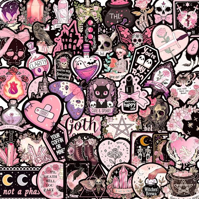 50PCS Dark Pink Goth Stickers, Pastel Horror Spooky Gothic Stickers - skull sticker