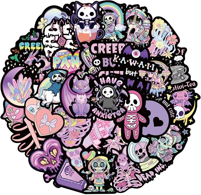 55PCS Dark Purple Goth Stickers, Cute Pastel Horror Spooky Gothic Stickers - skull sticker