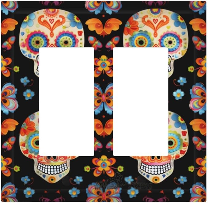 2-Gang Sugar Skulls Butterfly Decor Light Switch Outlet Wall Plate Cover - skull plate