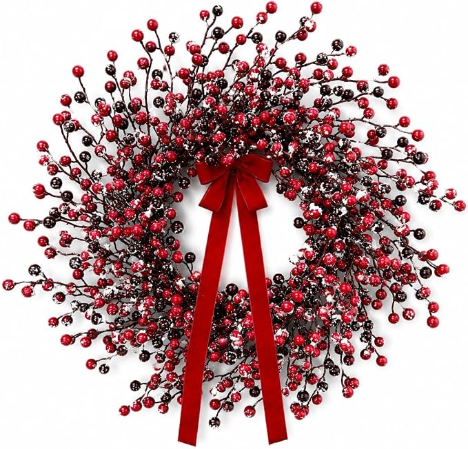 Auspicious Red Berry Christmas Wreath, Artificial Frosted Berries Wreath for Front Door Holiday Decor (22in) - skull wreath
