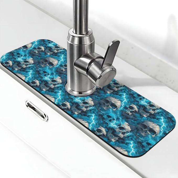 Kitchen Sink Faucet Mat -Skulls Lightning Pattern - skull toilet mat