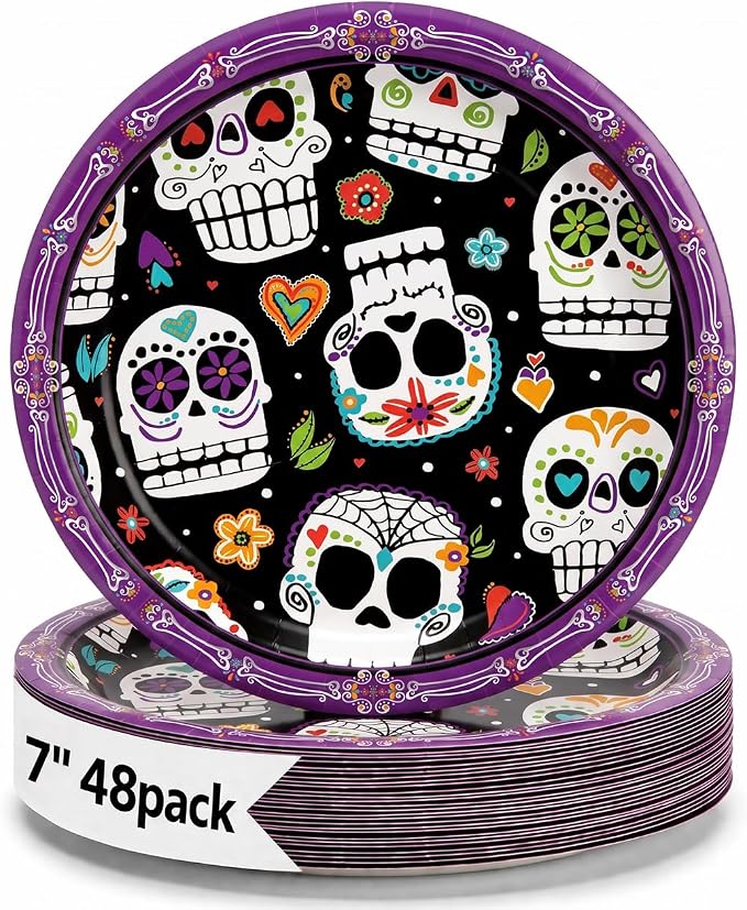 Party Solids Halloween Plates, Sugar Skull Day of the Dead, 7 Inch, 48 Ct - skull plate