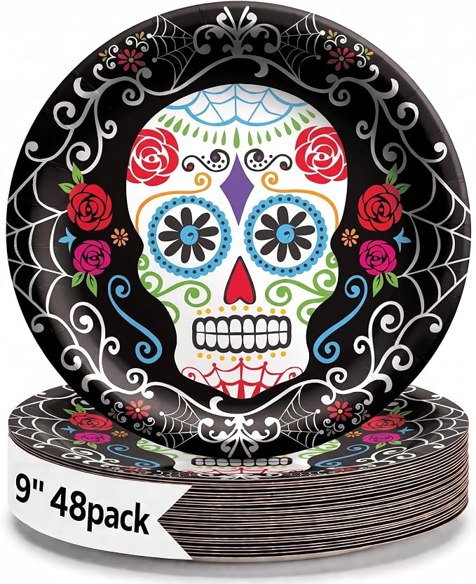 Party Solids Day of the Dead Plates 48 Ct Sugar Skull Halloween Plates 9″