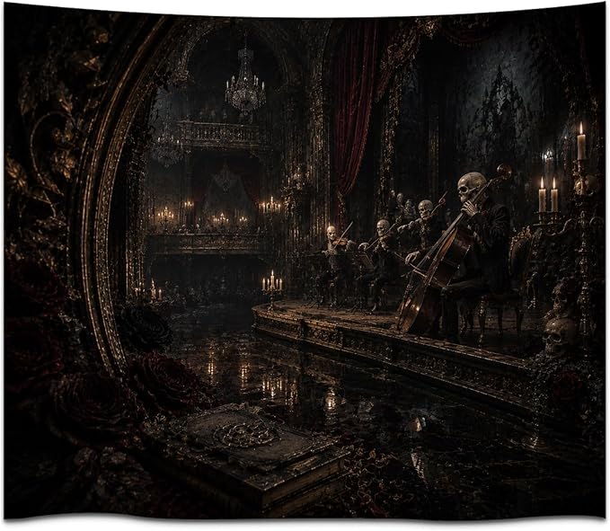 Skeleton Orchestra In Opulent Wall Tapestry for Indoor Home Decor Accent - skull lamp