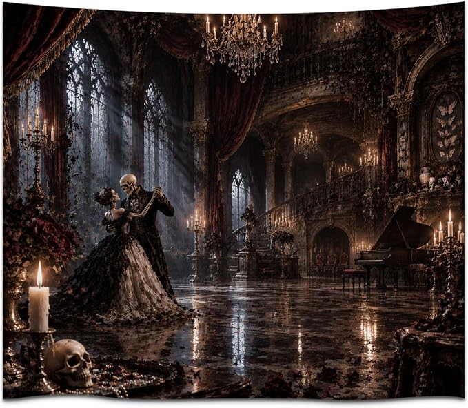 Skeleton Couple Dancing Wall Tapestry with gothic romance Home Decor Style