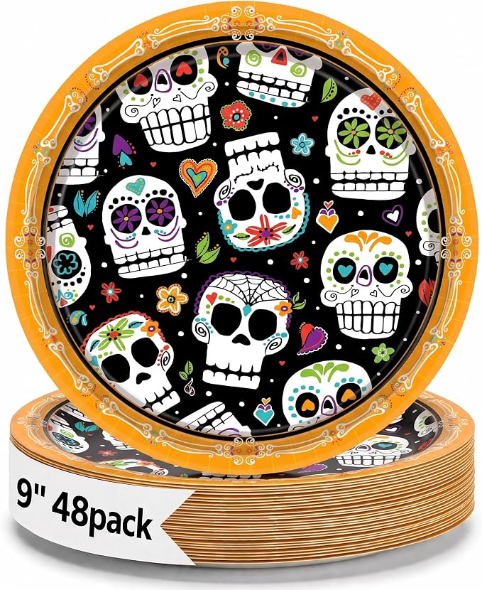 Party Solids Halloween Plates 48 Ct Sugar Skull Day of the Dead Plates 9″
