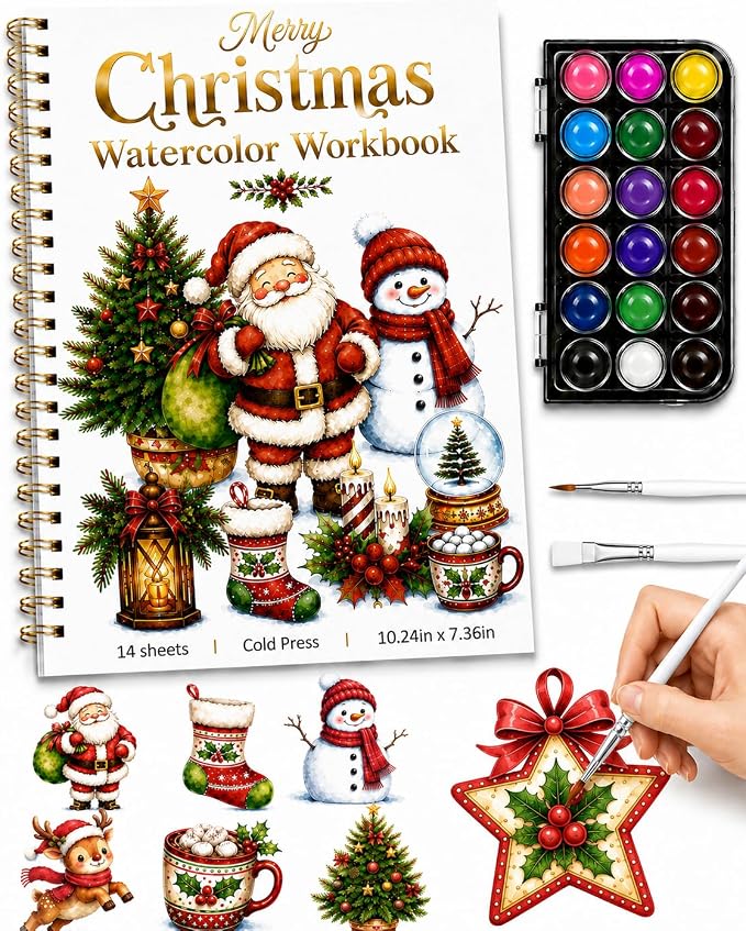 Christmas Watercolor Workbook for Beginner Adults 18 Colors Paint & 2 Brush - skull painting