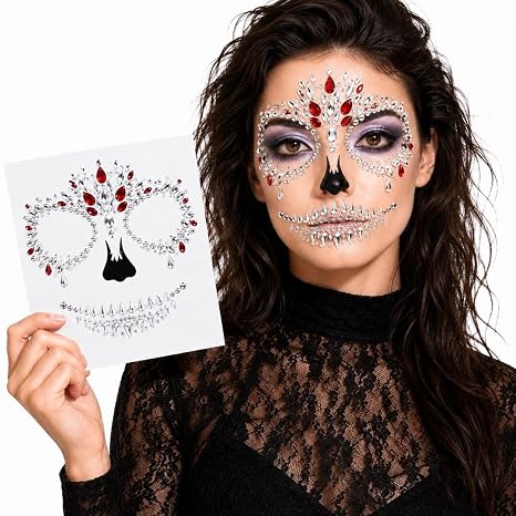 Sugar Skull Face Gem Stickers,，Silver‑Red Teardrop Skull - skull sticker