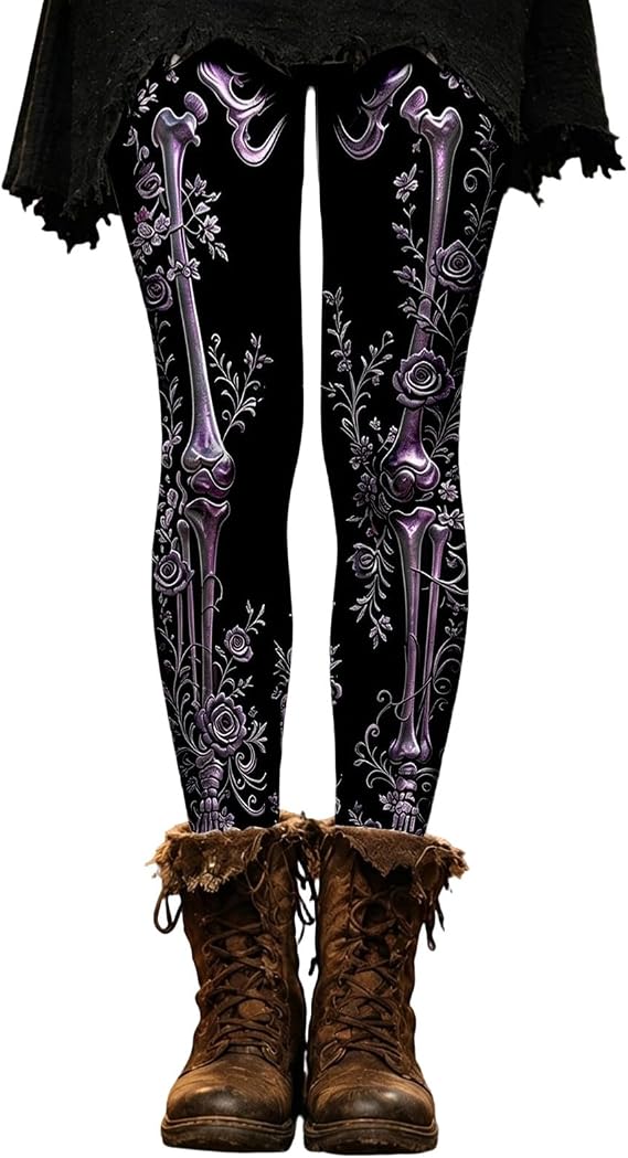 Women Halloween Leggings Skeleton Print High Waisted Tights Soft Stretch Workout Yoga Pants Fall Costumes - skull leggings