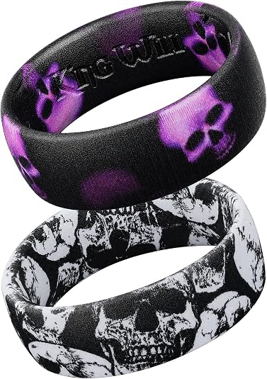 Mens Gothic Printed Silicone Wedding Band Themed Patterned Rubber Rings 7mm - skull ring