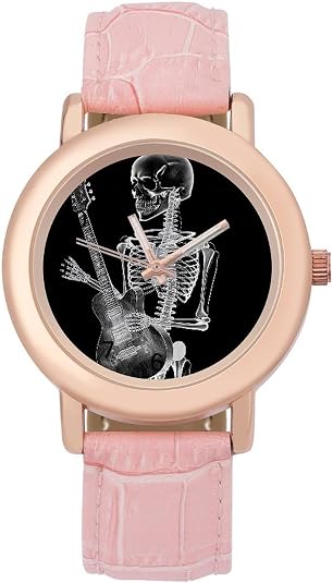 Skull Skeleton Playing Guitar Watch for Women, Cute Pink Genuine Leather Band Watch, Fashion Elegant Analog Wristwatch, Precise Time, Adjustable Strap Dress Watches for Work Casual Daily - skull watch