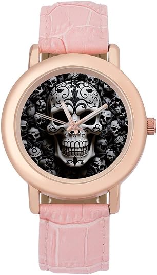 Black and White Skulls Watch for Women, Cute Pink Genuine Leather Band Watch, Fashion Elegant Analog Wristwatch, Precise Time, Adjustable Strap Dress Watches for Work Casual Daily - skull watch