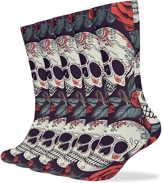 Sugar Skulls And Red Roses Crew Socks for Men Women 5 Pairs - sugar skull boots