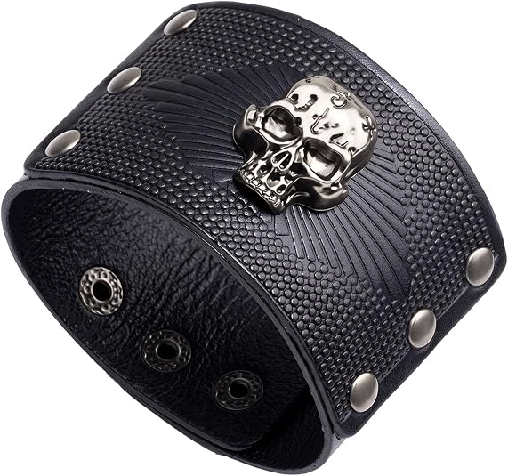 Xusamss Gothic Skull Wide Leather Cuff Bracelet for Men Women - skull jacket