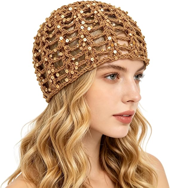 Thin Crochet Sequin Beanie Hat for Women, Breathable Mesh Beanie Skull Cap - skull hat