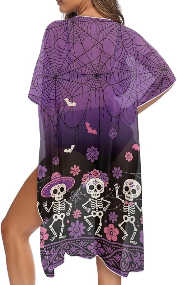 Long Swimsuit Coverup for Women Kimono Swimwear Cover-Up for Beach and Pool - skull swimsuit