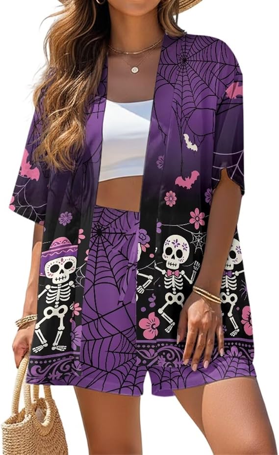 2 Piece Sets for Women S - XL Summer Short Sets Loose Fit Shirt and Shorts High Waist Pants - skull jacket