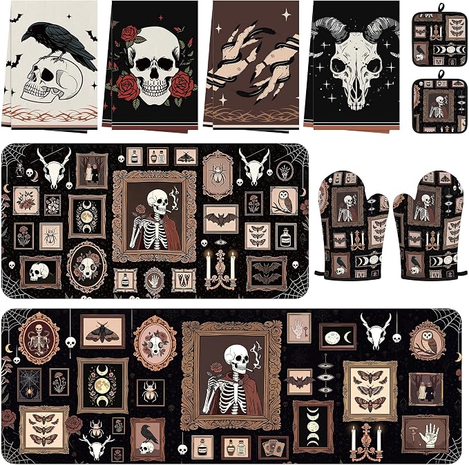 10 Pcs Gothic Halloween Kitchen Linen Set, Skeleton Rugs Towels Oven Mitts