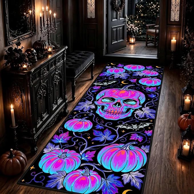 Skull Shaped Pumpkin Laundry Room Runner Rug 1.3x7ft Entryway Halloween Mat - skull toilet mat
