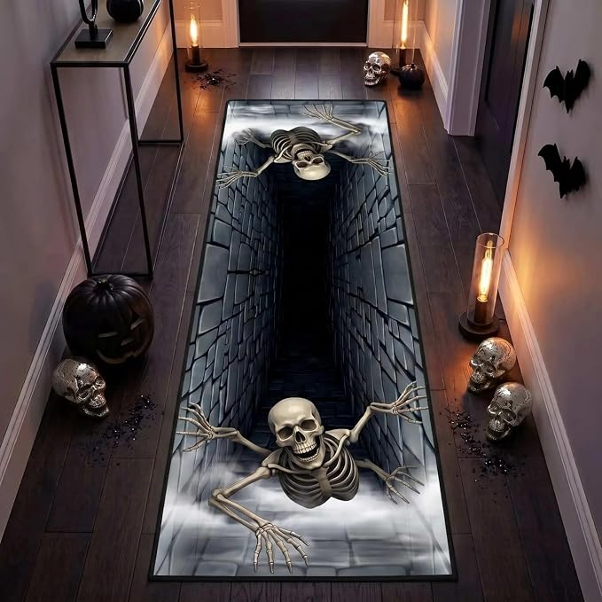 3D Halloween Skeleton Optical Illusion Runner Rug 2x6ft Long Hallway Carpet - skull carpet