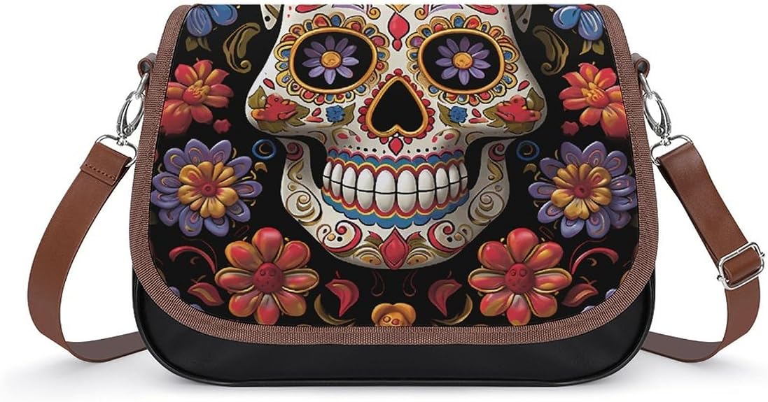 Sugar Skulls Shoulder Bag for Women PU Leather Crossbody Purse with Adjustable Strap Small Purse Cute Clutch Hobo Handbag - sugar skull handbags for sale