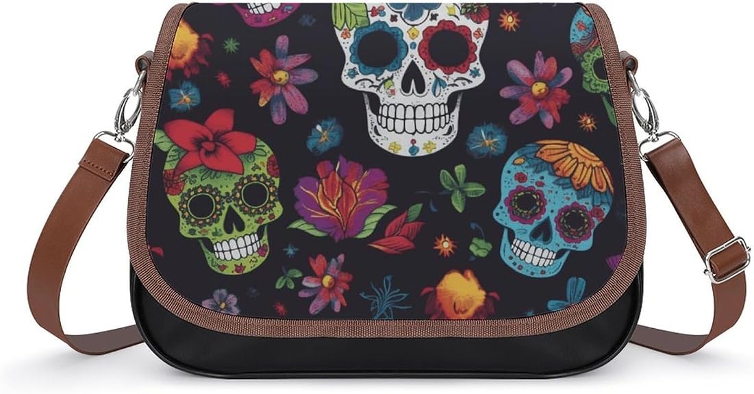 Flower Cactus Sugar Skull Shoulder Bag for Women PU Leather Crossbody Purse with Adjustable Strap Small Purse Cute Clutch Hobo Handbag - sugar skull handbags for sale