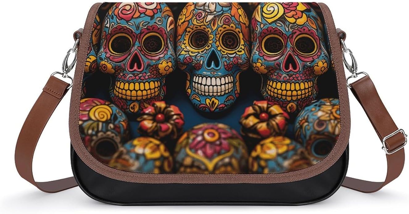Colorful Sugar Skulls Shoulder Bag for Women PU Leather Crossbody Purse with Adjustable Strap Small Purse Cute Clutch Hobo Handbag
