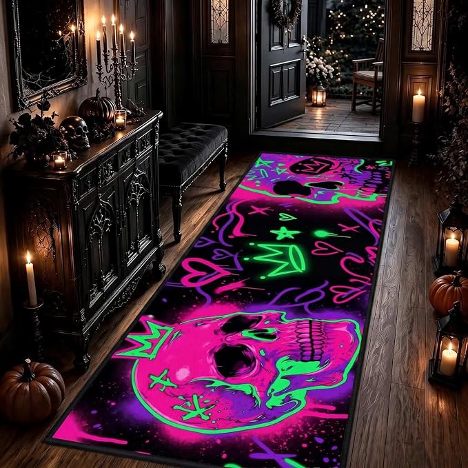 Neon Graffiti Pink Floor Runners for Hallway Non Skid Halloween Rug 4x10ft - skull floor mat