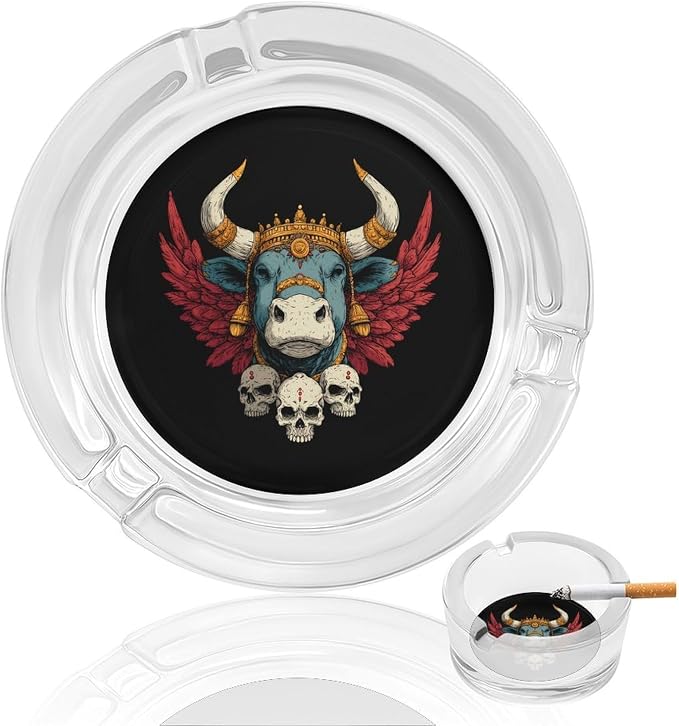 Gothic Cow Skull Glass Ashtray Cute Round Ash Holder - skull ashtray