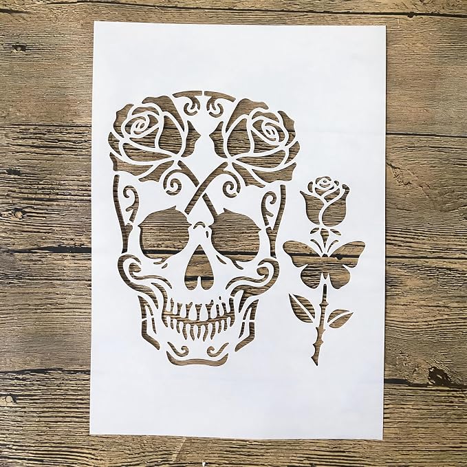 TIAMECH A4 Reusable Sugar Skull Rose Butterfly Stencil for Painting - skull painting