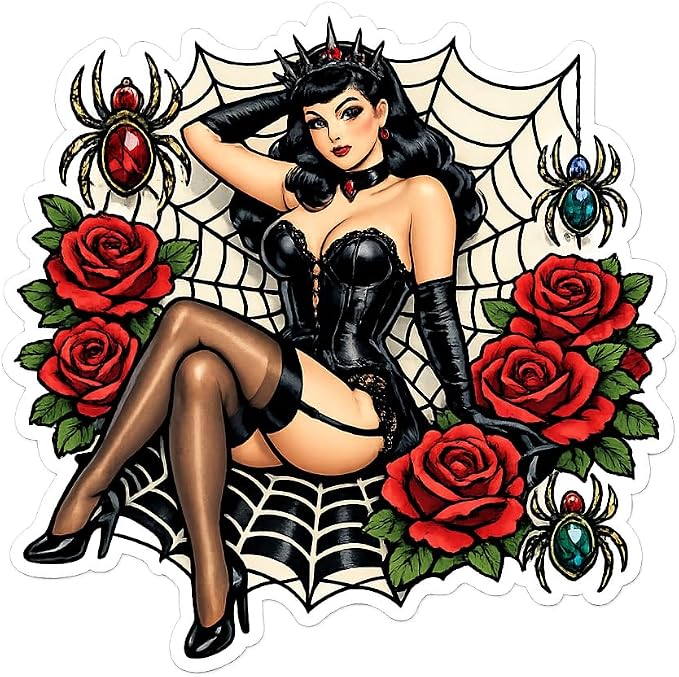 (3 Pack) Retro Gothic Spider Queen Vintage Pin Up Sexy Girl Sticker (2.75" x 2.75") - skull sticker
