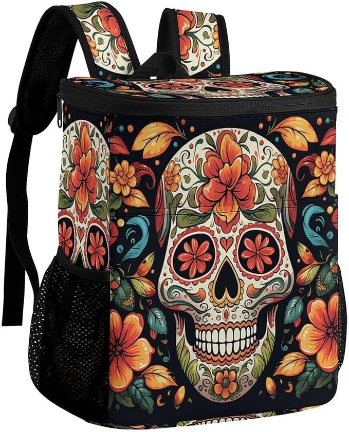 Colorful Sugar Skull Cooler Backpack Lunch Backpack - skull backpack