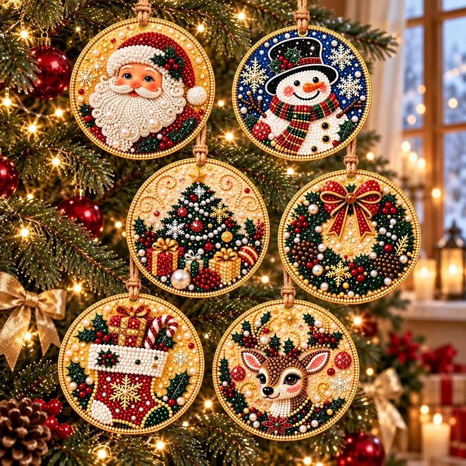6 PCS DIY Pearl Diamond Art Kits for Adults, Wooden Christmas Ornaments - skull painting