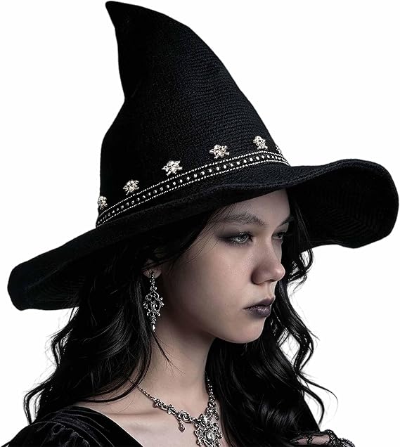 Black Witch Hat for Women, Wide Brim Spire Knitted Hat with Skull Rivet for Halloween Cosplay Party - sugar skull costume