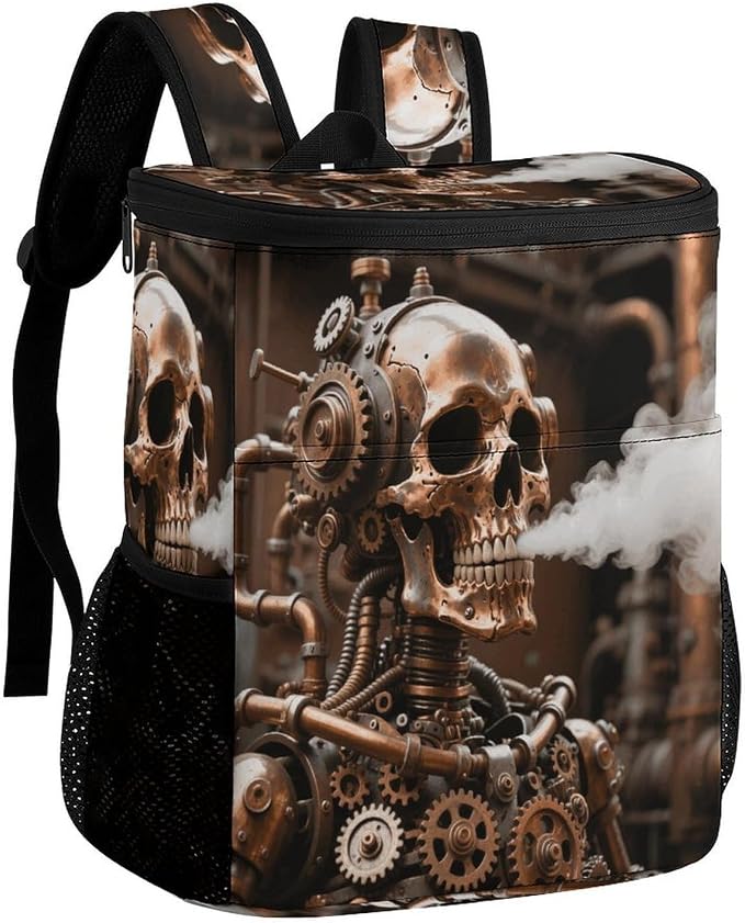 Steam - Punk Metal Skull Cooler Backpack Lunch Backpack - skull backpack