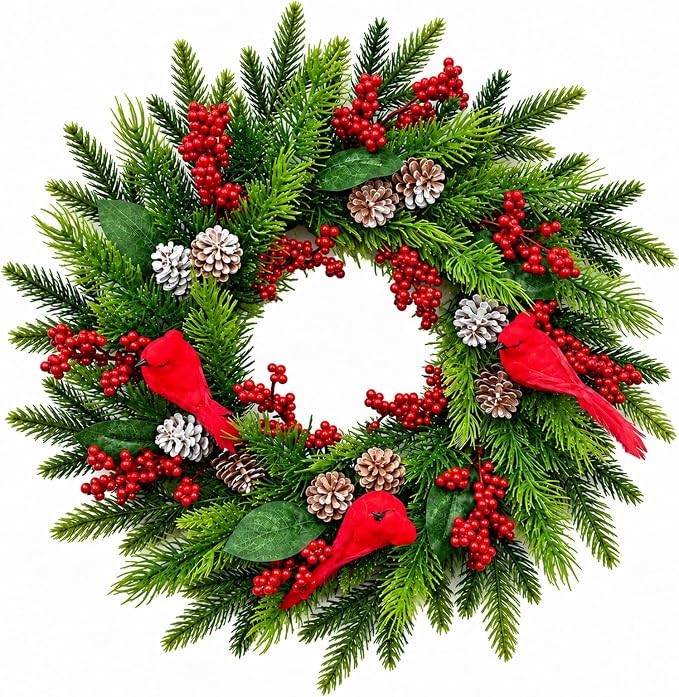 21 Inch Artificial Christmas Wreath for Front Door, Handcrafted Winter Wreath with Red Cardinal Birds, Red Berries and Pinecones, Indoor Outdoor Farmhouse Christmas Decor (Multicolor) - skull wreath
