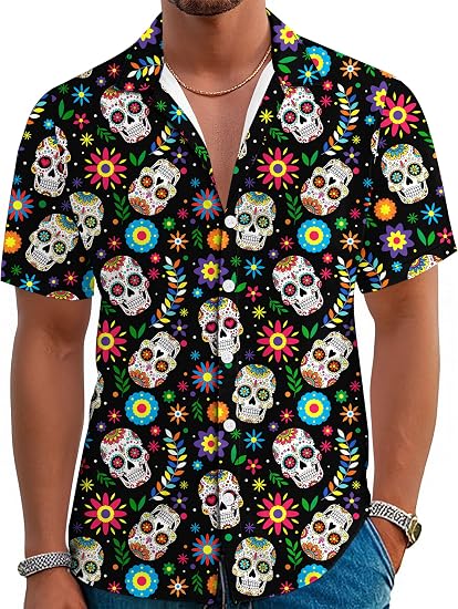 Dia De Los Muertos Shirt Men Sugar Skull Button Down Costume - skull tshirt