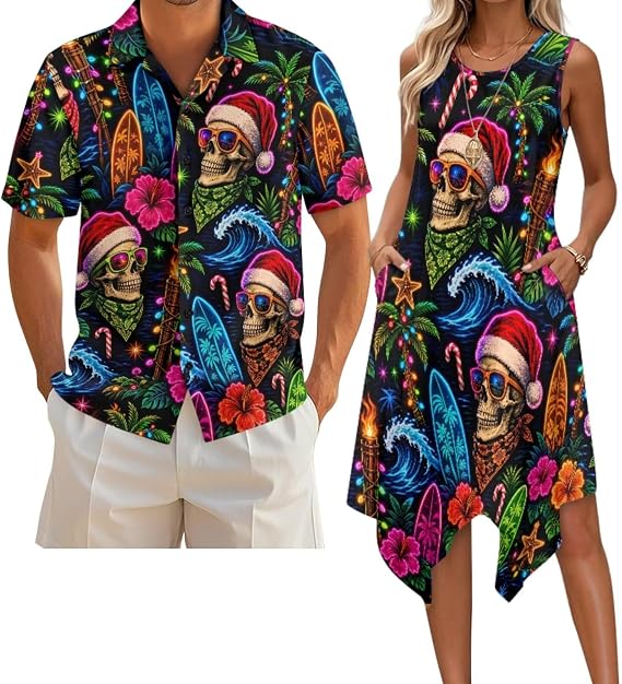 Belidome Couples Matching Outfits Husband and Wife Clothes Sleeveless Dress Button Down Short Sleeve Shirts - sugar skull dress