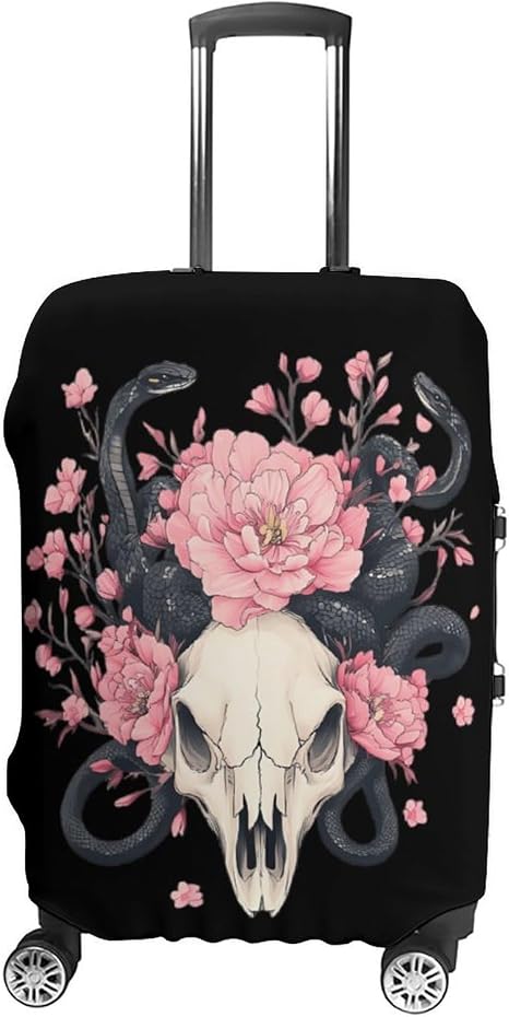Animal Skull with Flowers Snake Washable Luggage Cover 19-32 Inch - skull suitcase