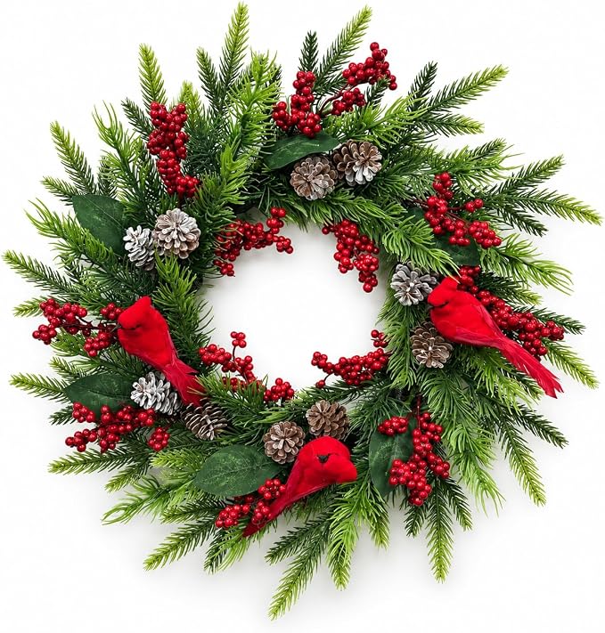 Christmas Wreath Front Door 22 Inch, 3 Cardinal Birds - skull wreath
