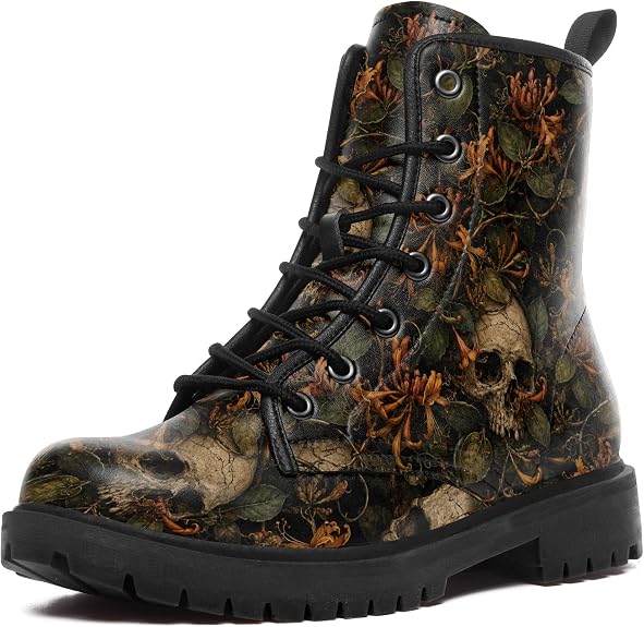 Skull Combat Boots Women Men Gothic Floral Lace Up Ankle Boot - sugar skull boots