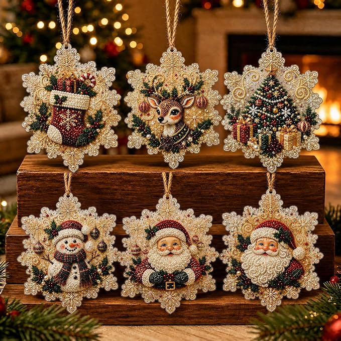 6PCS Christmas Wooden Ornaments DIY Diamond Painting Kit,Pearl Diamond Art Kits for Adults, Pearl and Special-Shaped Gem Craft Set with Twine for Tree and Window Decor - skull painting