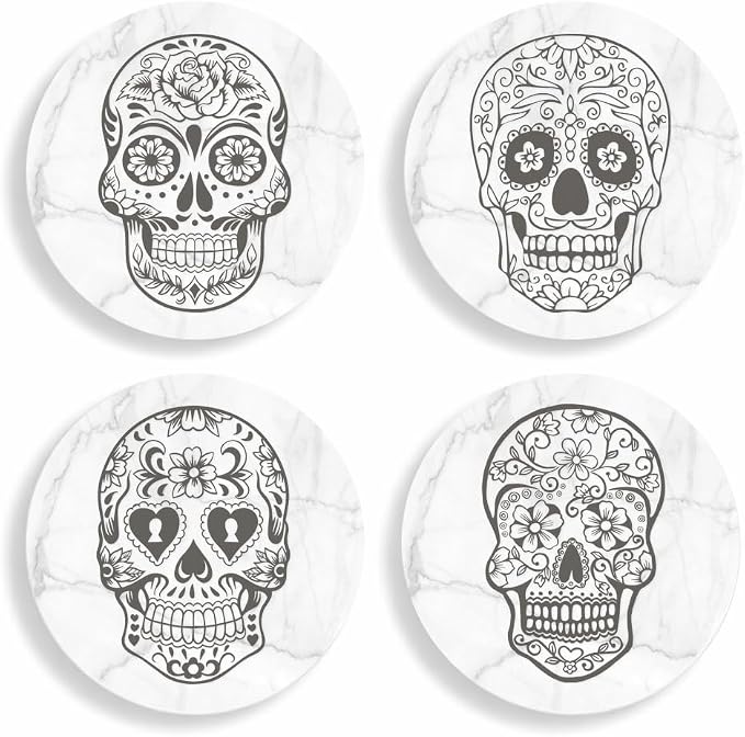 Set of 4 Drink Coasters Absorbent Ceramic Sugar Skull Collection Marble - skull coaster