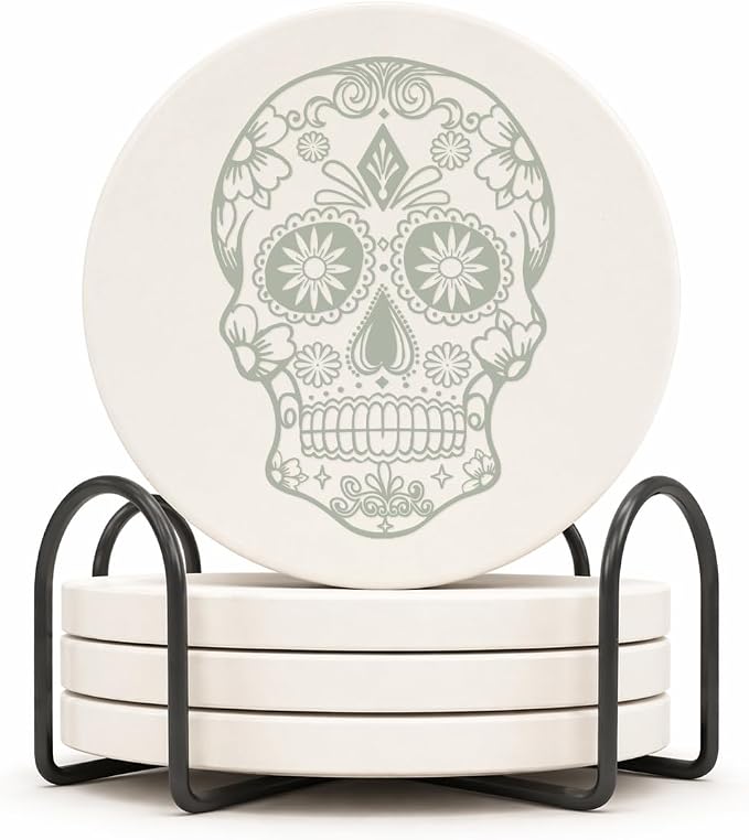 Set of 4 Drink Coasters Absorbent Ceramic Sugar Candy Skull Green - skull coaster