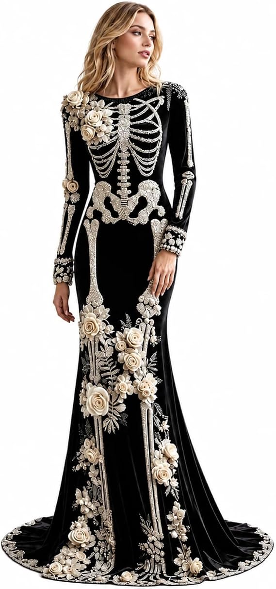 Skeleton Dress Women Halloween Costume 3D Print Gothic Velvet Maxi Dress - sugar skull dress