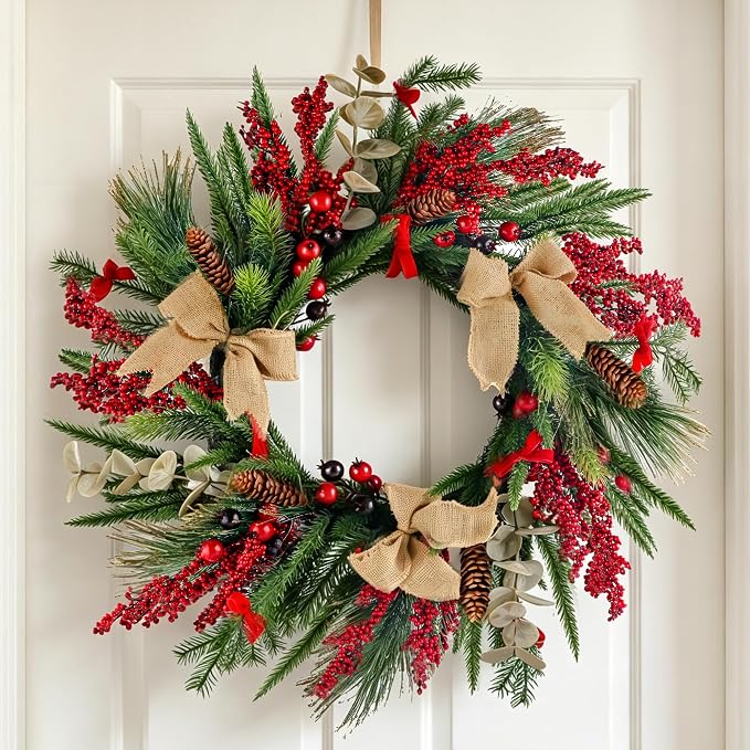 26Inch Bow Berry Artificial Christmas Wreath for Front Door - skull wreath