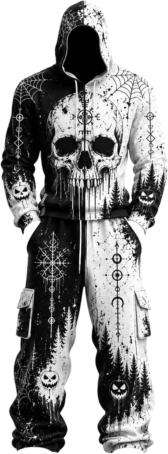 Skeleton Costume for Men Women Skull Halloween Hoodie Matching Wide Leg Sweatpants 2 Piece Set Fall Outfits - sugar skull costume