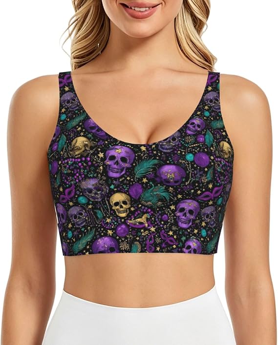 Women's Sports Bra-Mardi Gras Skulls - skull swimsuit